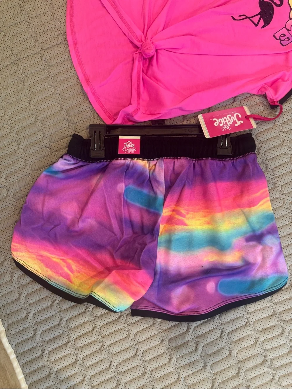 Active set 2 piece Justice Girls' Neon Tie-Dye Athletic Shorts with Black Trim